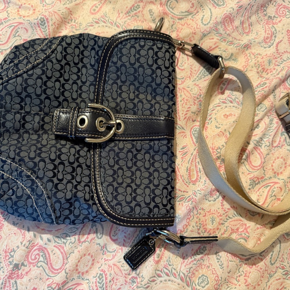Coach Navy Signature Canvas Crossbody with Beige Strap
